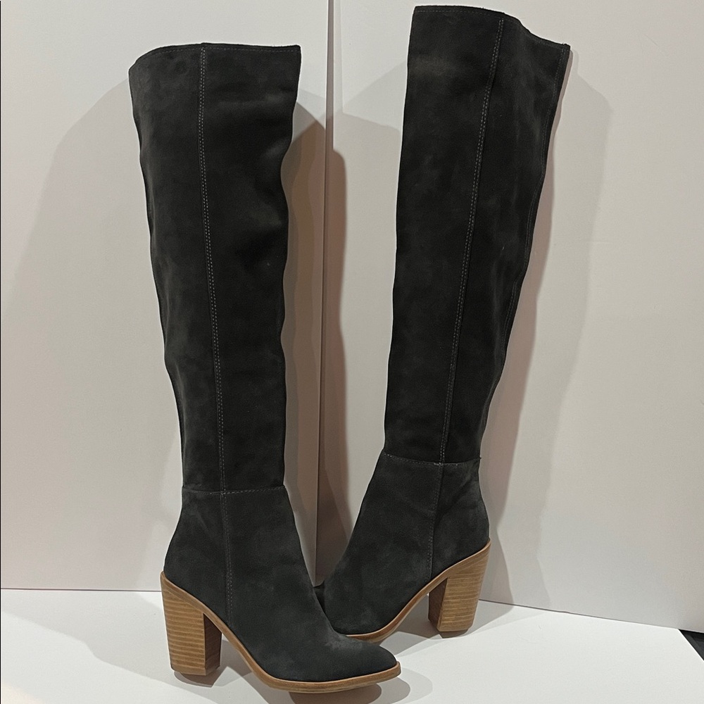 Dark Gray Suede Knee-High Boots